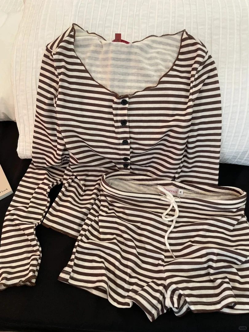 【条纹控】韩版纯欲风甜美长袖睡衣女春夏短裤套装可外穿大码家居服