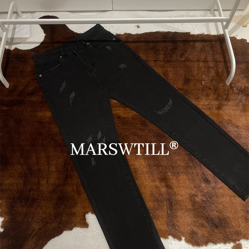 【MARSWTILL】磨边丨做旧丨水洗丨修身丨直筒丨黑色丨牛仔裤男款