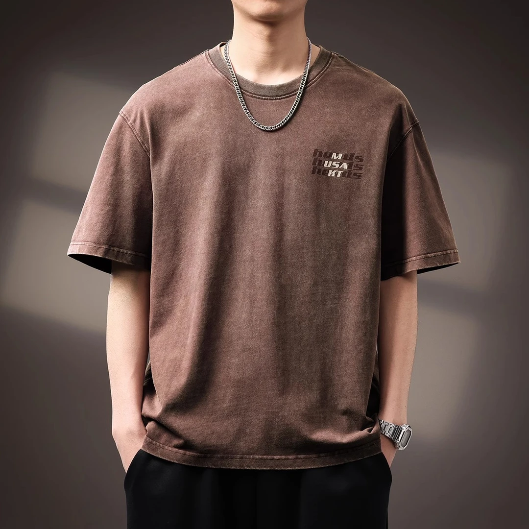 U&PURA高端美式复古云染水洗短袖T恤男夏季新款宽百搭舒适简约
