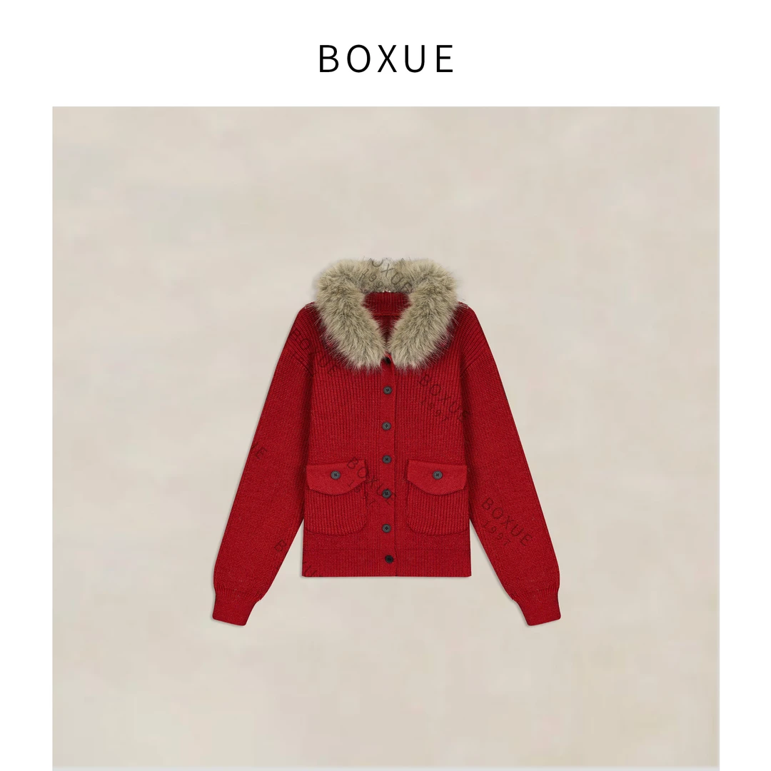 BOXUE“水仙”2025秋冬翻领羊.毛针织开衫轻奢 外套#251210W7589