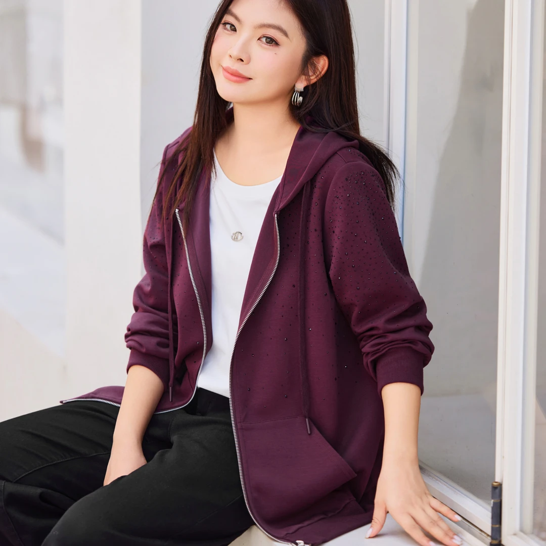 现货【重工烫钻卫衣外套】MsShe大码女装秋装宽松连帽上衣C2509041