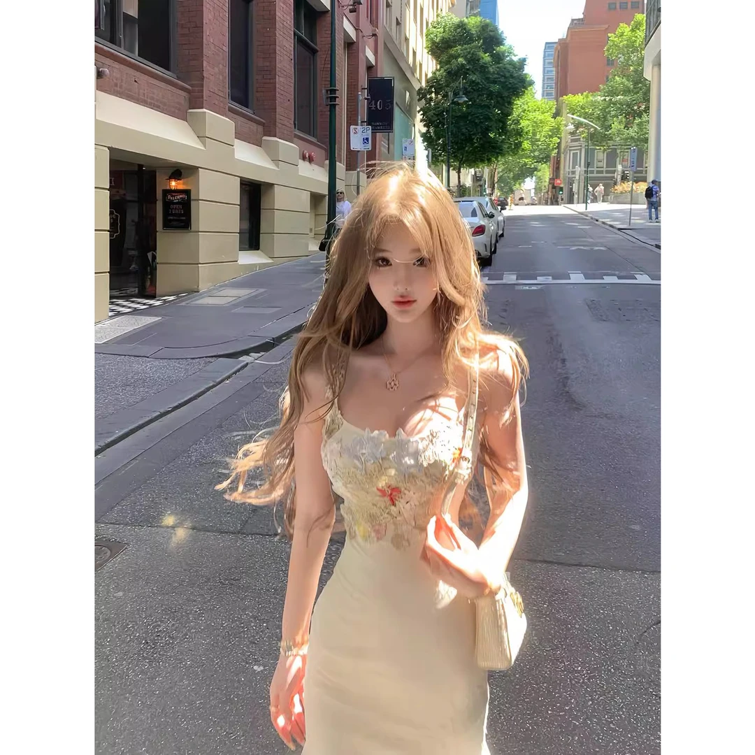 JMSHOP 鱼姬少女 花朵蕾丝网纱鱼尾连衣裙中长款修身包臀吊带裙