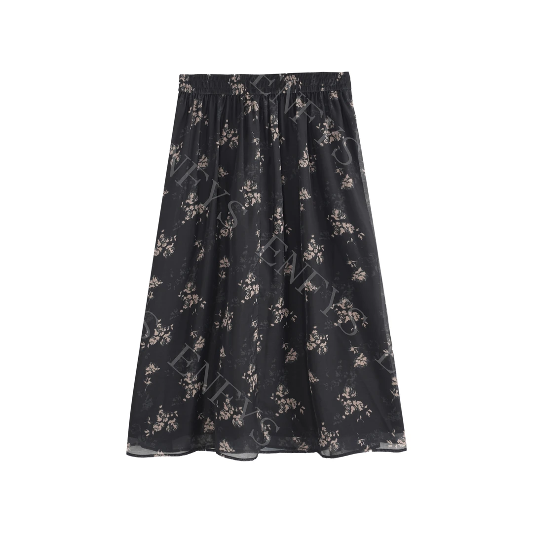 【双姐】春夏轻薄款松紧腰复古印花半裙女中长款度假A字裙3673