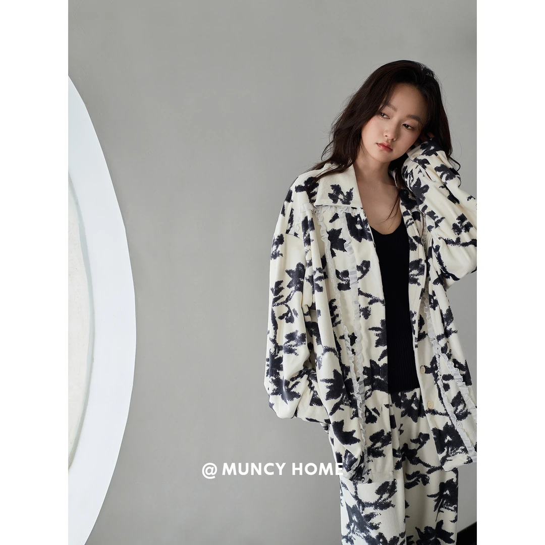 曼系“绒绒森语”秋冬海岛绒睡衣女新中式花边毛绒保暖薄绒家居服