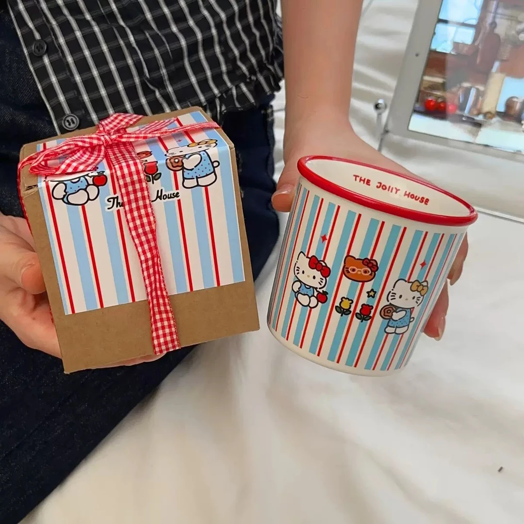 卡通陶瓷马克杯可爱kt猫蓝色条纹喝水杯子小众简约复古咖啡杯