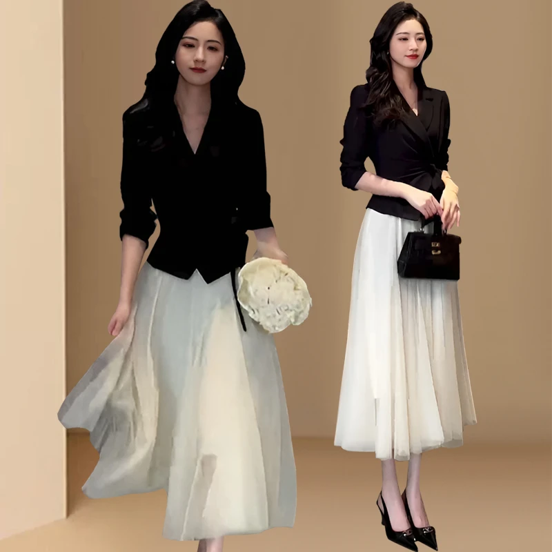 韩版气质名媛风收腰上衣网纱半裙女装2025春秋新款优雅女神范套装
