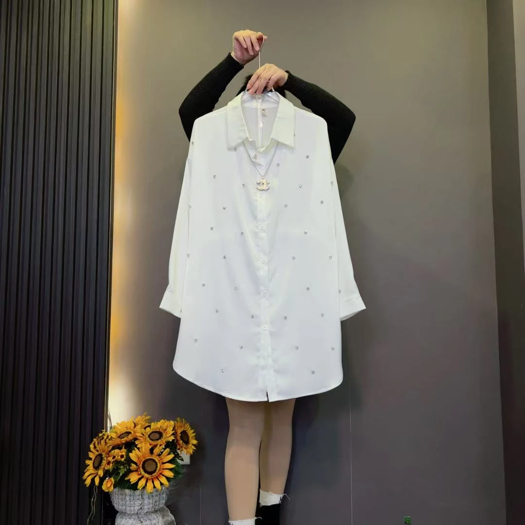 8921欧货中长款大码衬衫宽松型POLO领镶钻常规长袖