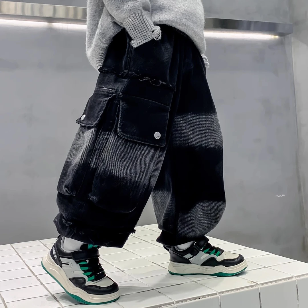 男童裤子牛仔工装裤2025春季新款重工休闲宽松儿童牛仔裤灯笼款