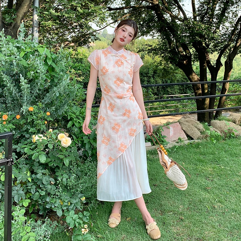 夏季中国风复古气质修身显瘦日常新中式中长款开叉碎花连衣裙长裙