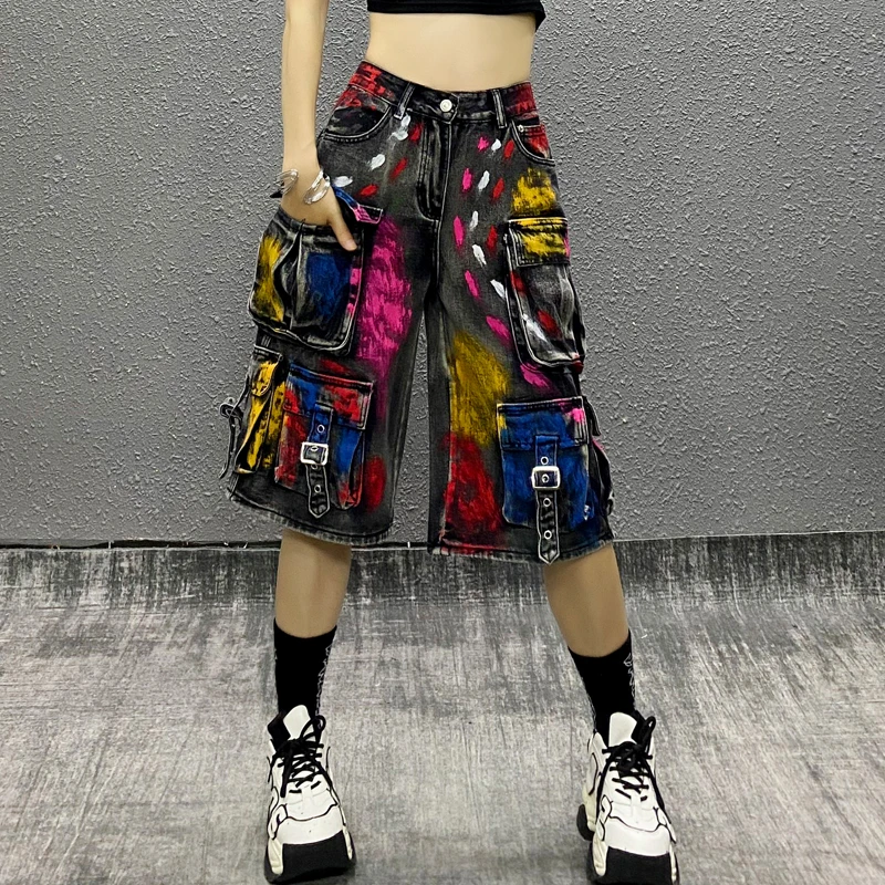 重工彩绘扎染色牛仔工装短裤女夏新款高腰宽松显瘦百搭直筒五分裤