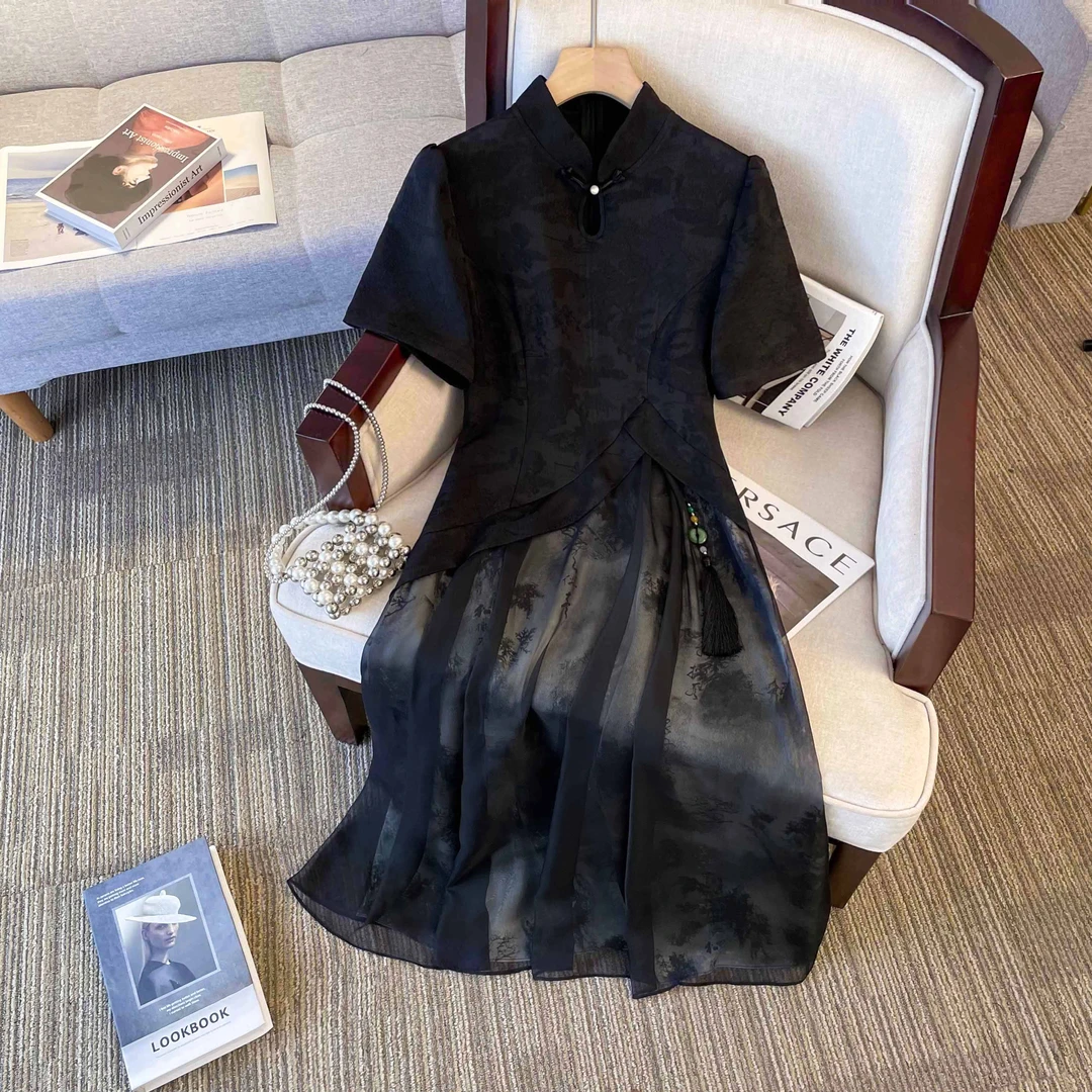 微胖妹妹大码新中式水墨画改良旗袍裙夏季国风显瘦遮肚子连衣裙女