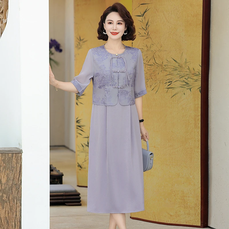年轻妈妈夏装新中式国风连衣裙中老年女装显瘦端庄大气两件套裙子