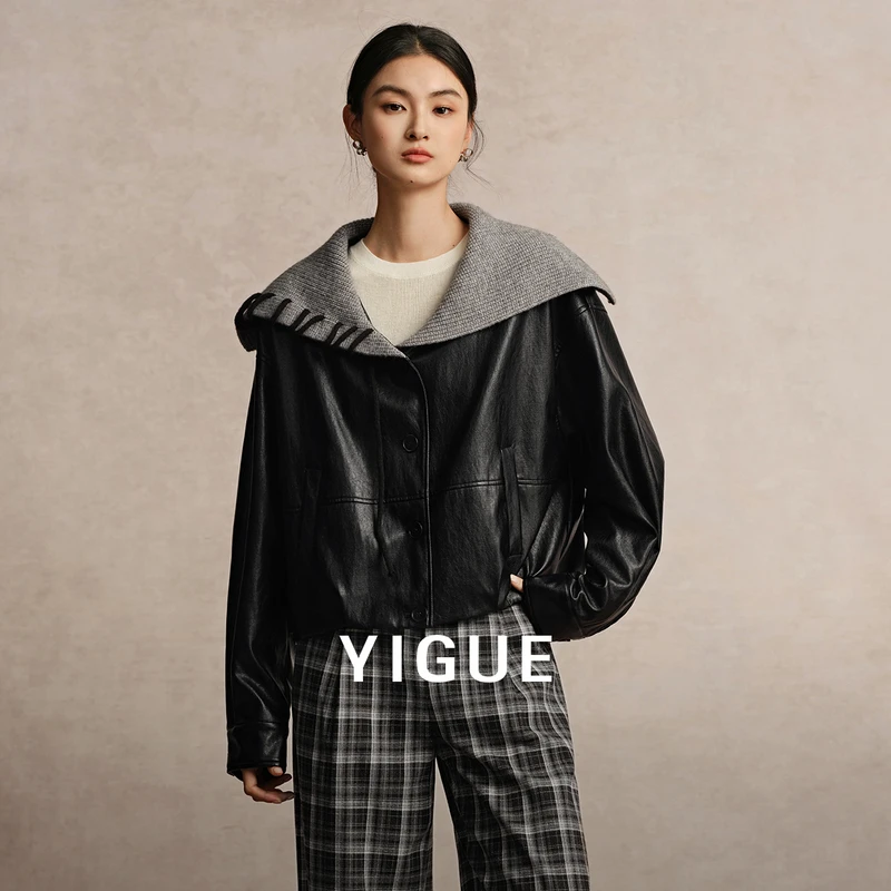 亦谷针织拼接翻领秋冬外套女2025冬季新款皮质上衣开衫G5WAF590-6