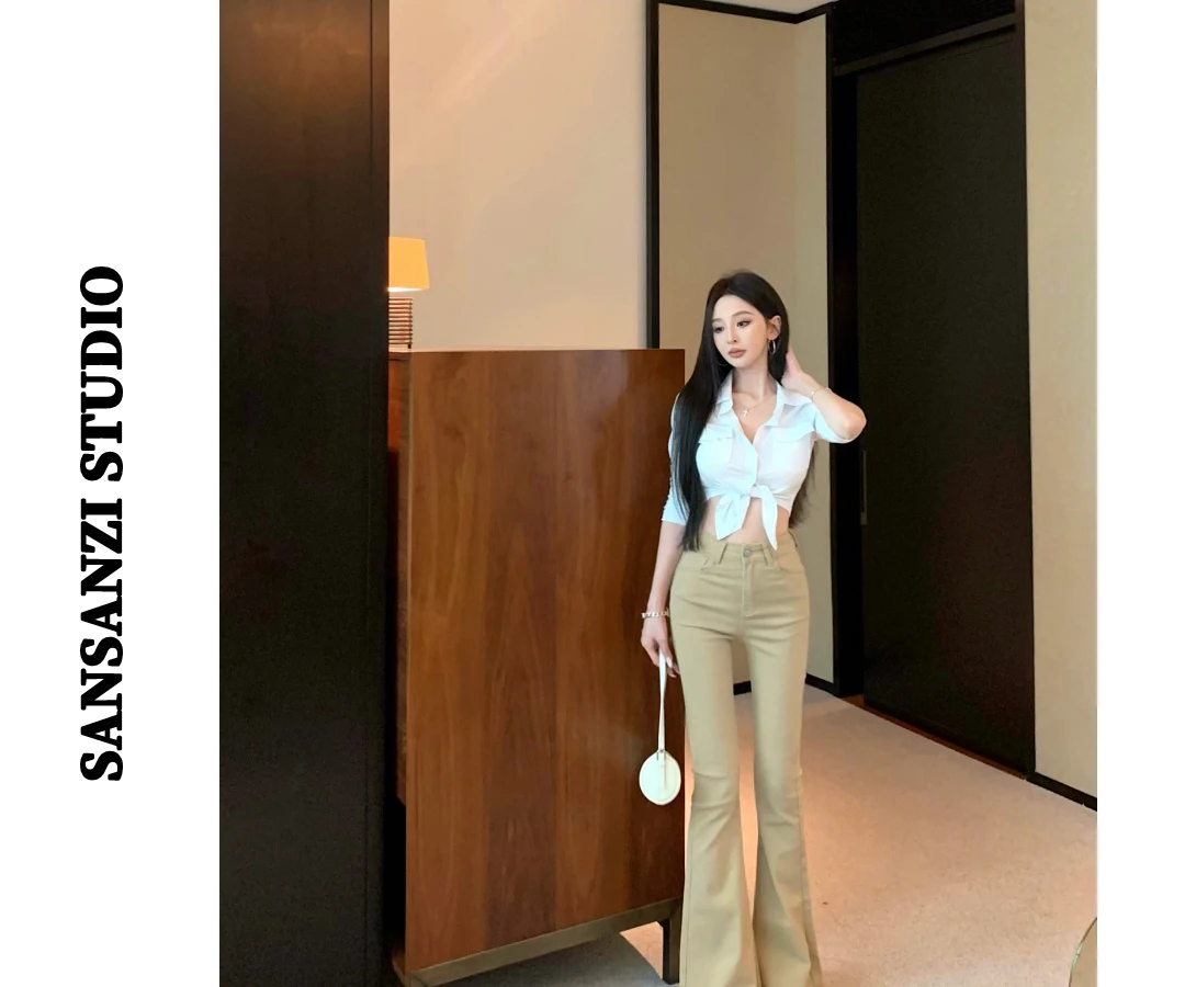 SANSANZI气质米白色polo领长袖衬衫女夏季微喇叭长裤两件套