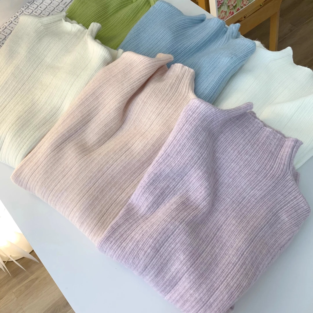 爆款莫兰迪色系香芋紫半高领长袖针织坑条打底衫女大衣修身内搭