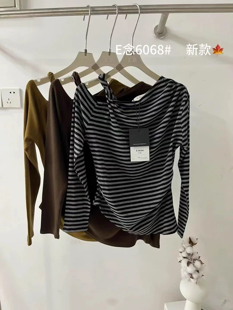 E念6068早秋新款韩版ins纯欲性感斜肩不规则设计修身显瘦长袖打底