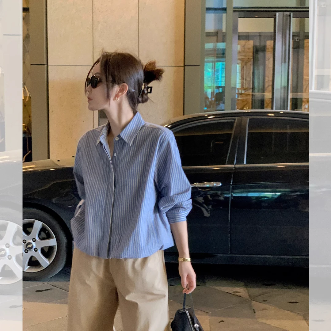 莉贝琳sisy 预习秋天 全棉花苞衬衫条纹百搭气质长袖女S25308JC03