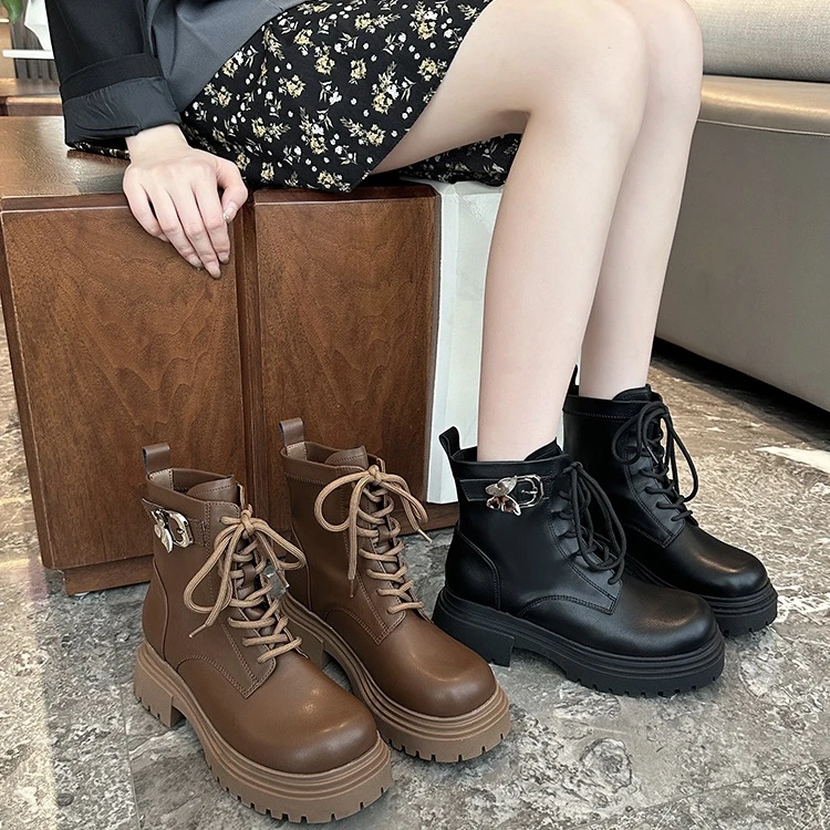 0618-10厚底马丁靴女2024年秋冬季单靴百搭短筒靴子