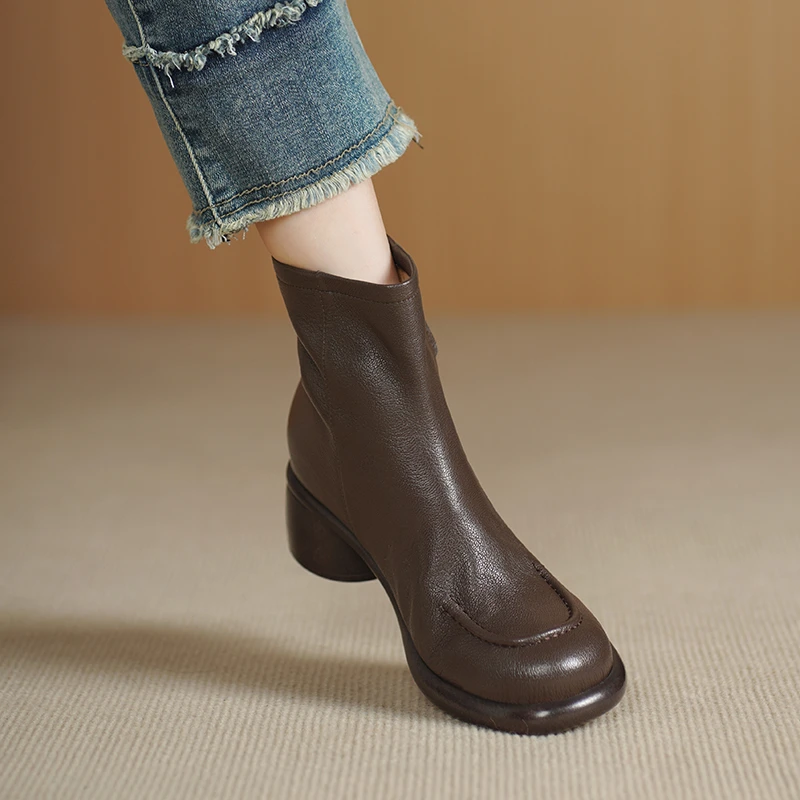 5cm软羊皮高跟靴子女2025新款圆头真皮百搭小短靴粗跟时装瘦瘦靴
