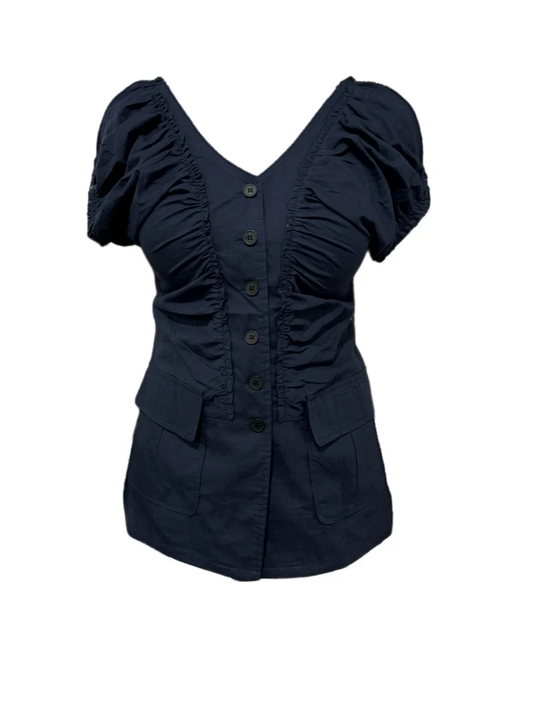 【Amy家】微胖mm设计感单排扣褶皱衬衫女夏季不规则辣妹显瘦V领上衣