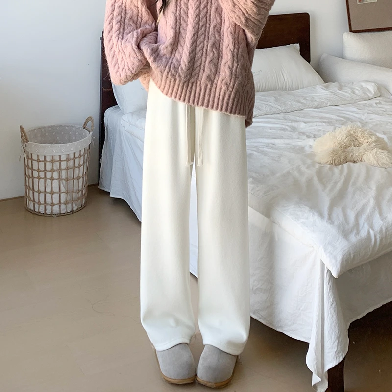 加厚白色阔腿裤女秋冬季2025新款高腰垂感窄版加绒糯米休闲毛巾裤