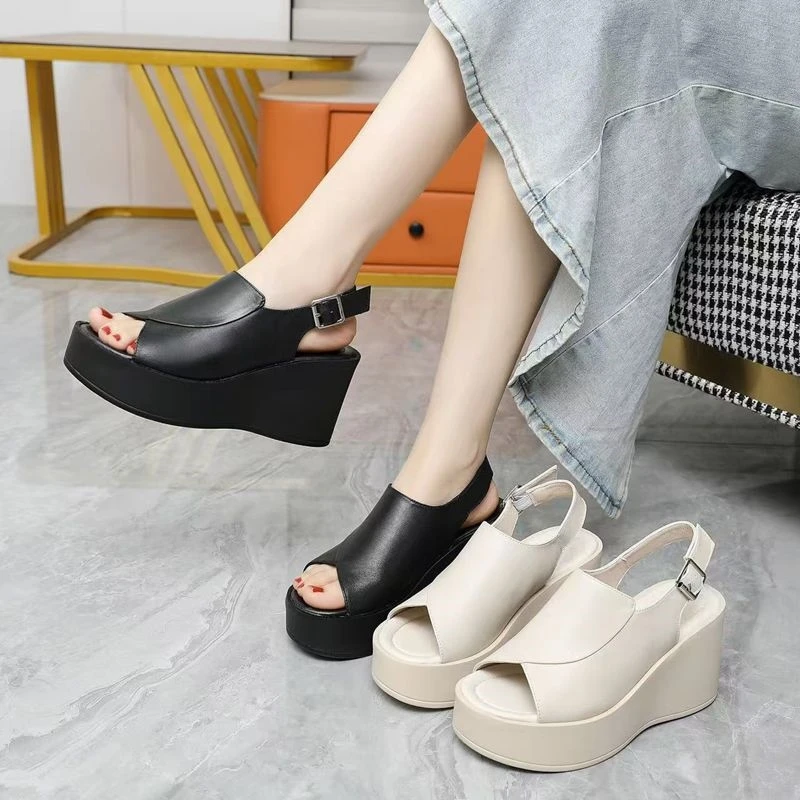 厚底休闲女士凉鞋小个子显高2025新款夏季鱼嘴鞋真皮高跟罗马鞋子