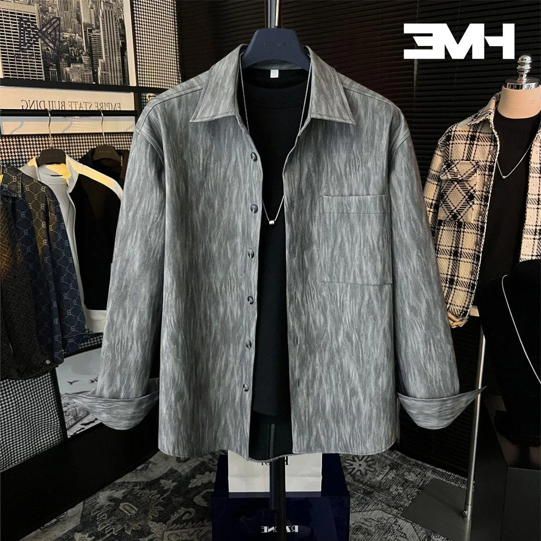 MODEK KODEK春秋轻熟风条纹皮衣衬衫男宽松简约翻领休闲做旧外套