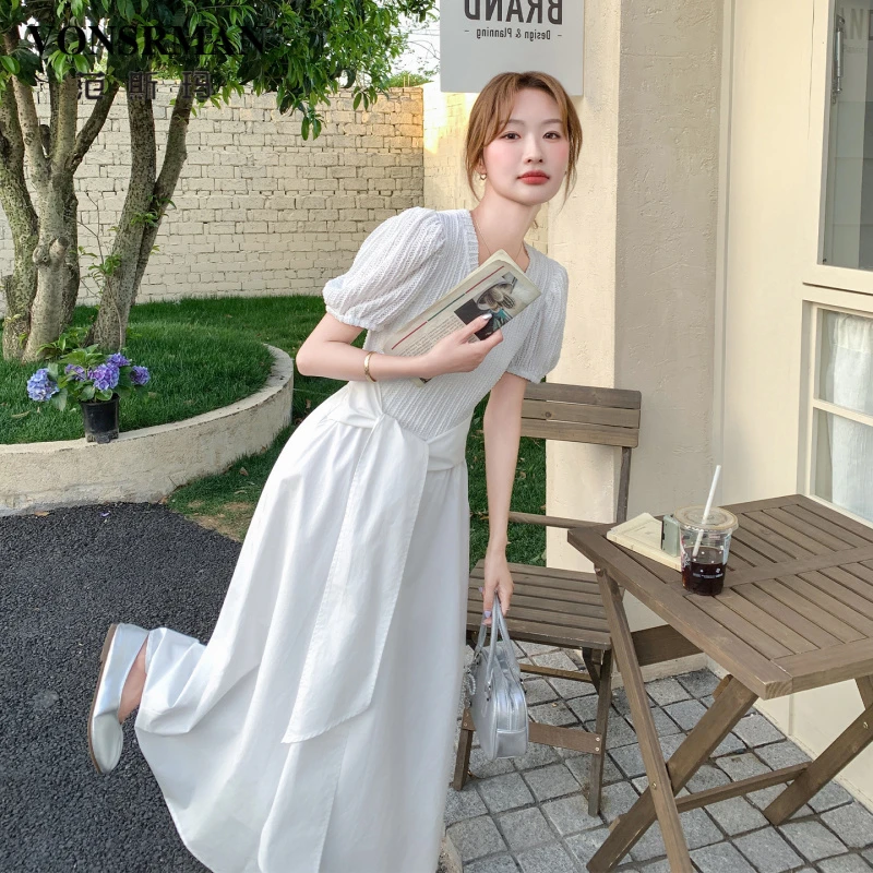 泡泡袖白色连衣裙女夏季2025新款法式温柔风气质绑带收腰显瘦长裙