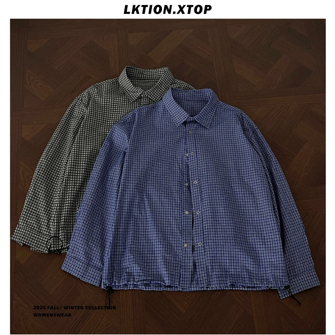 LK正品 street蓝格子落肩纯棉长袖衬衫秋季miu系琥珀流光风穿搭