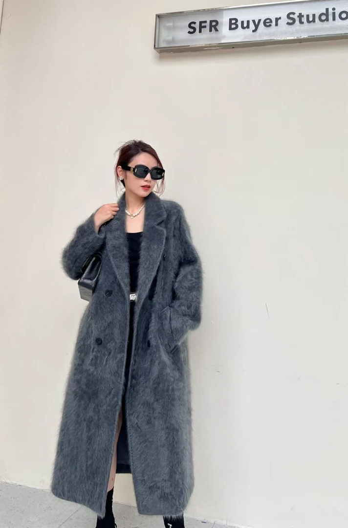 2粒扣子100山羊绒拉绒奢华气质宽松时尚长款大衣LR9961显瘦网红