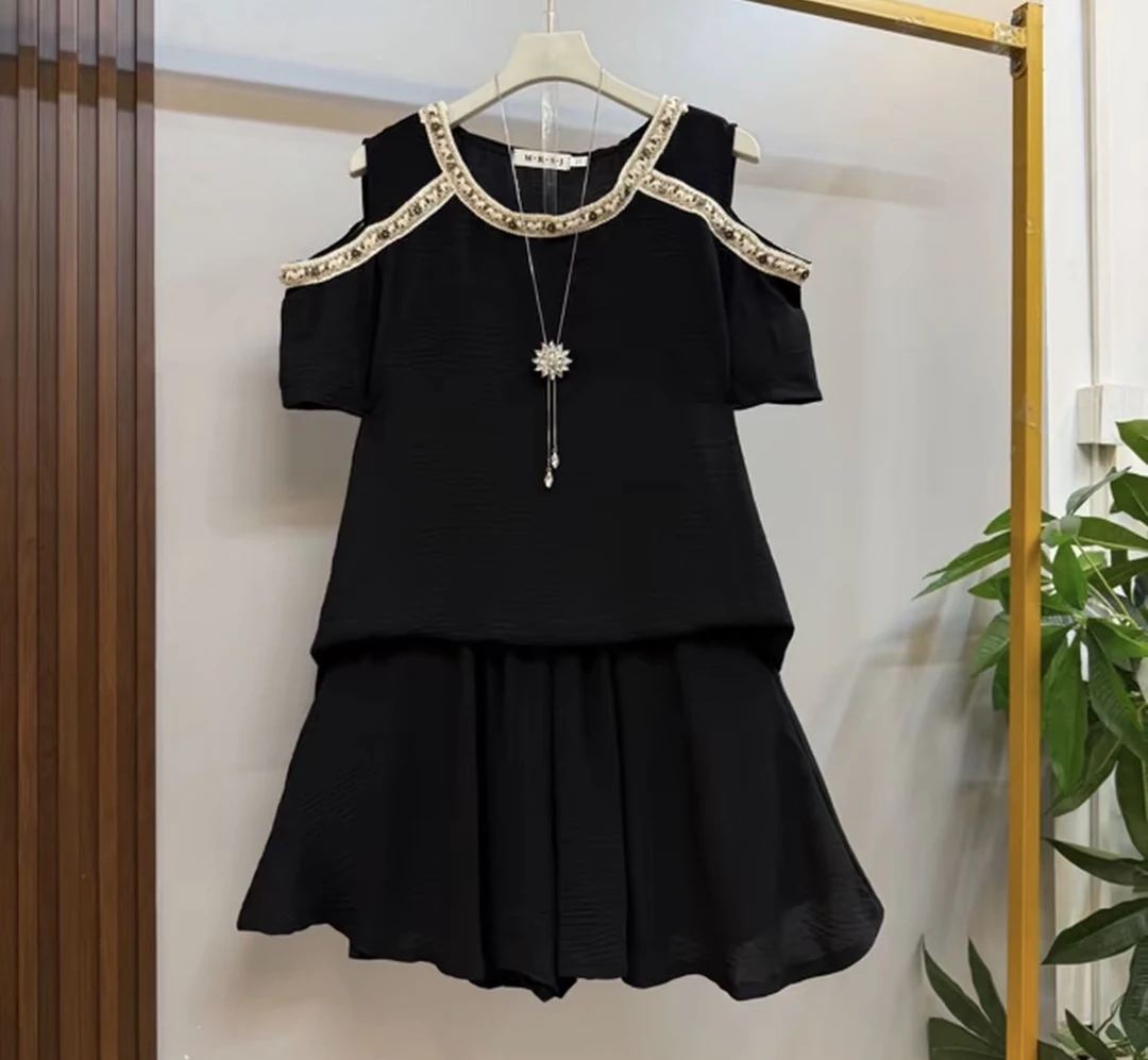 胖妹妹大码女装露肩上衣短袖短裤套装一整套夏季新款时尚两件套女