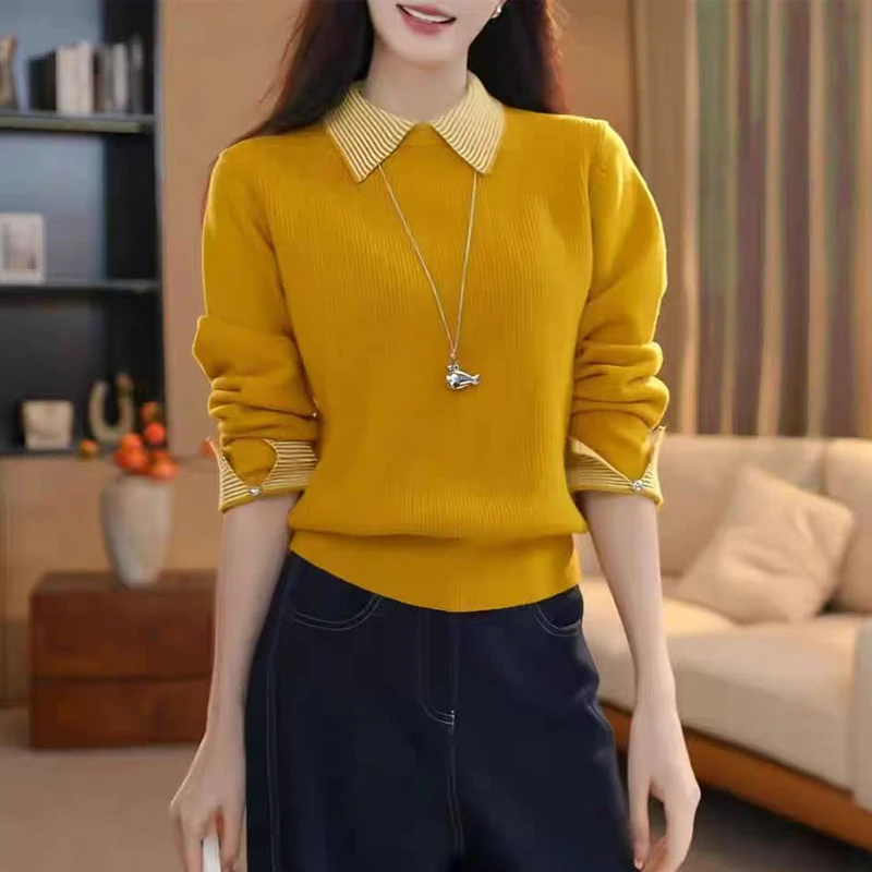 假两件POLO领气质显瘦针织衫女毛衣外穿秋冬新款休闲百搭打底上衣