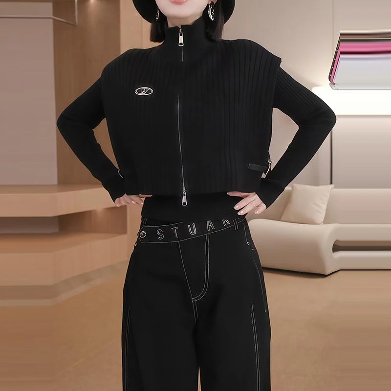 黑色字母拉链短款马甲内搭长袖打底衫秋季超好看叠穿时尚两件套