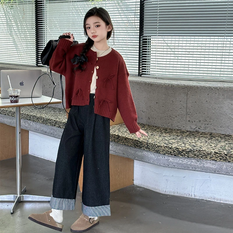 女童秋季套装中大童新款洋气针织毛衣开衫两件套时尚牛仔裤潮