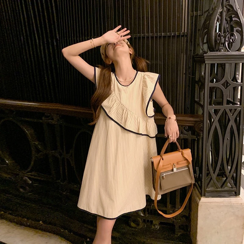 法式条纹小飞袖连衣裙女夏不规则荷叶边背心裙宽松小个子娃娃裙子