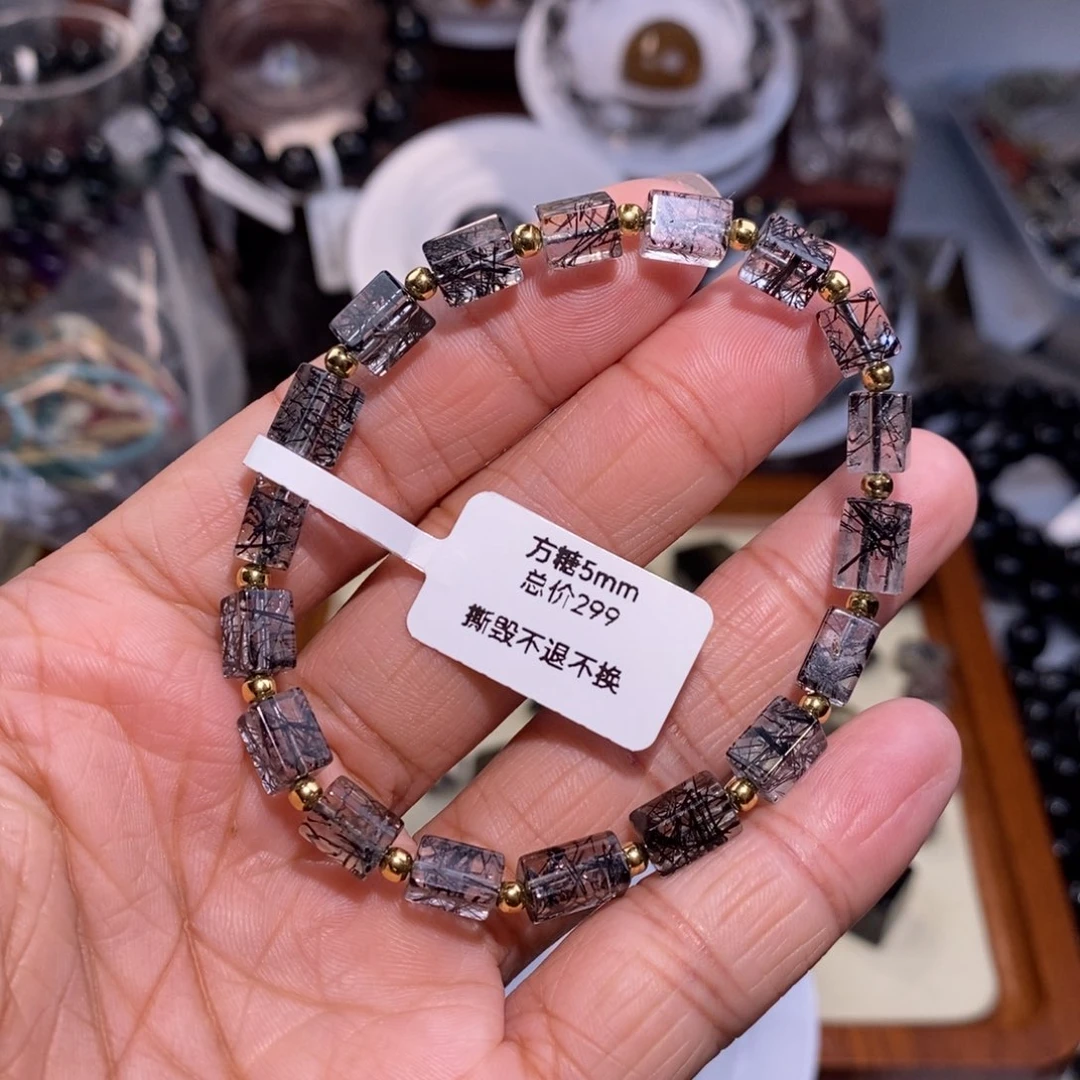 水晶手链未镶嵌黑发晶方糖全透体设计款金珠4mm