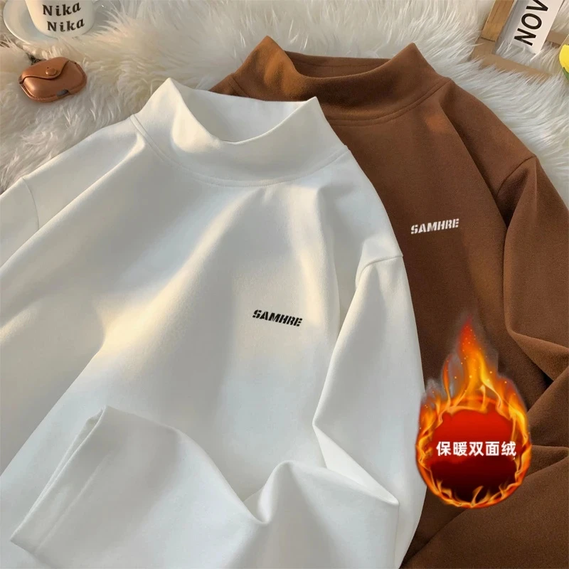 秋冬双面绒长袖T恤半高领保暖内搭青少年印花潮流休闲外内穿体恤