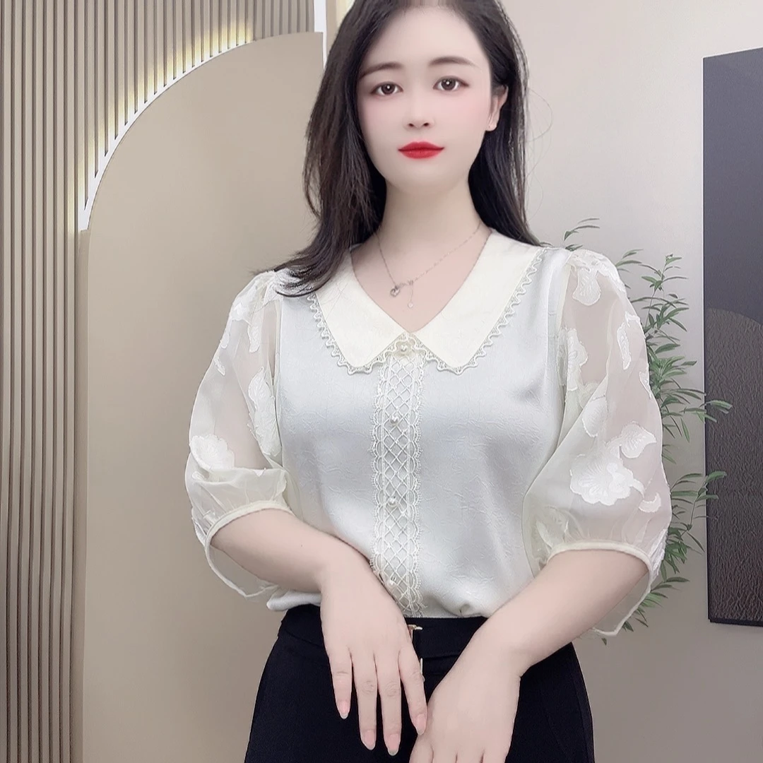 夏季新款衬衫花边领蕾丝袖款气质百搭衬衫女