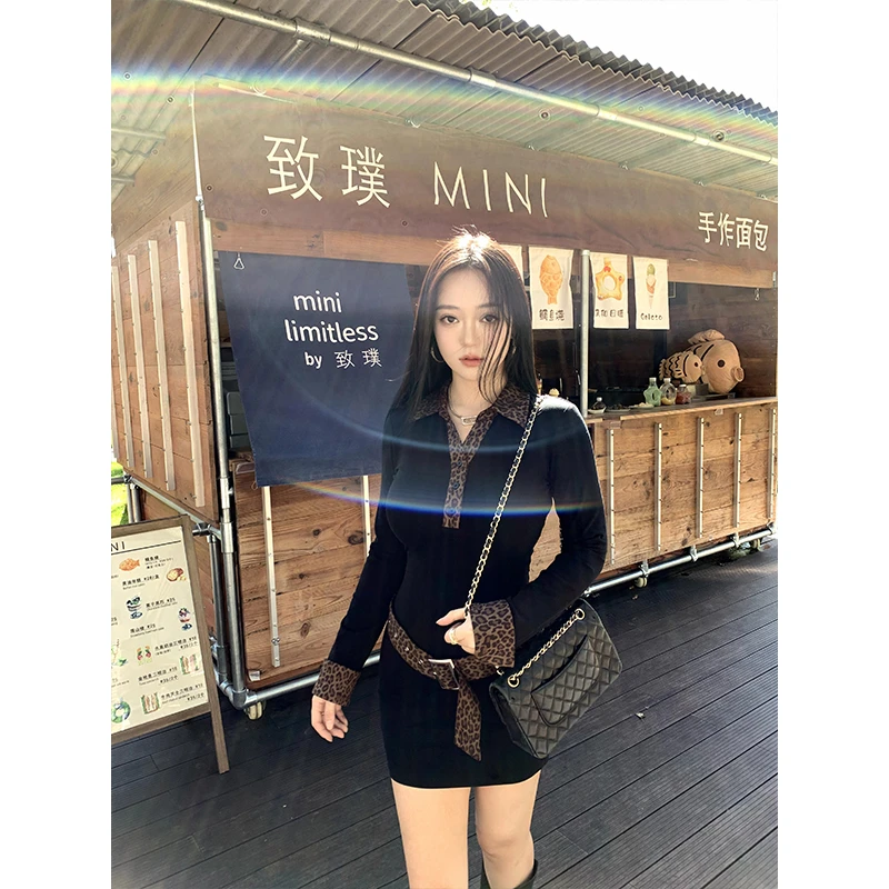 肉装小cherry 野性因子 纯欲性感微胖收腰显瘦豹纹拼接针织连衣裙