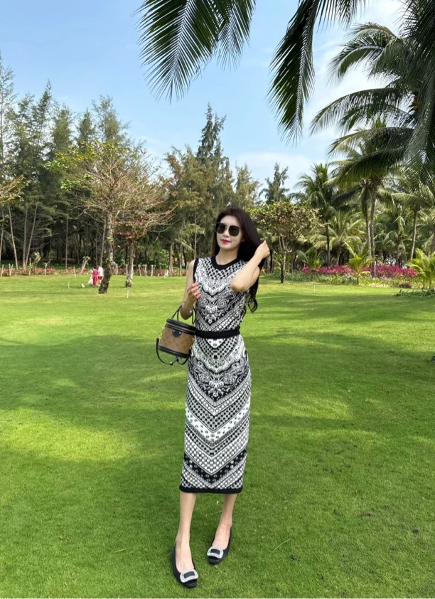 小众设计感撞色花纹背心半身裙长款两件套套装短袖显瘦气质时尚