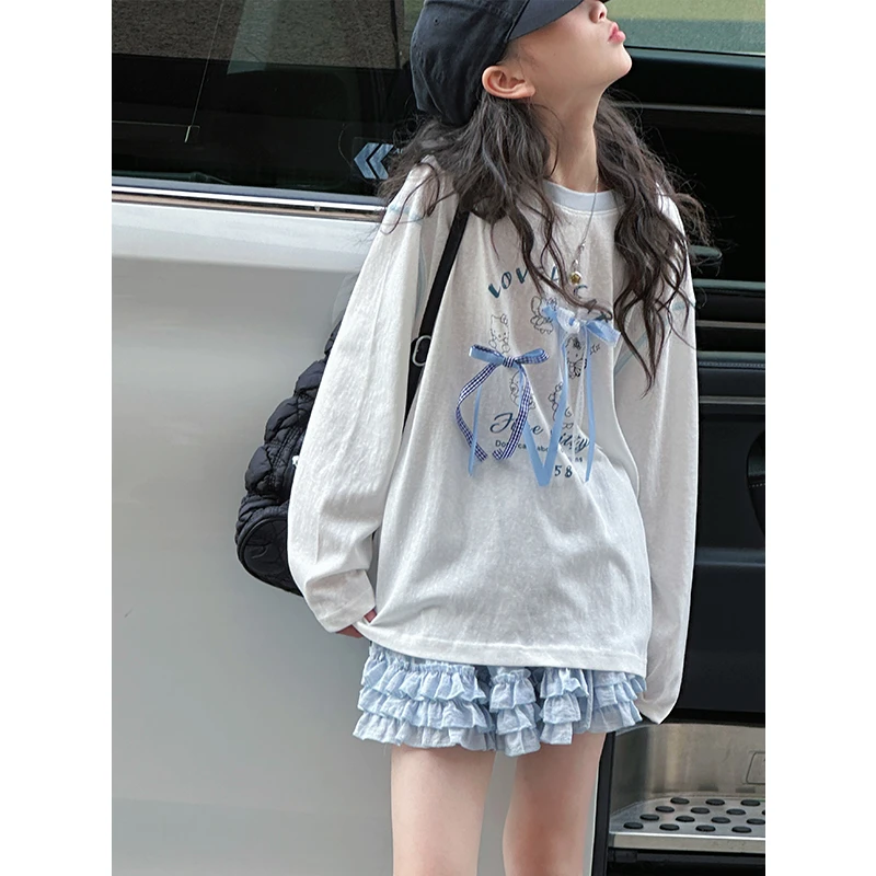 K29257蝴蝶结女童长袖T恤2025新款春夏装儿童休闲上衣大童打底衫t