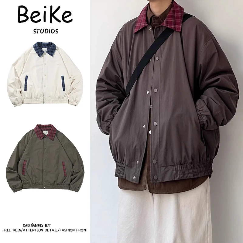 春秋季日系撞色格子翻领夹克男潮牌宽松休闲复古短款外套情侣百搭