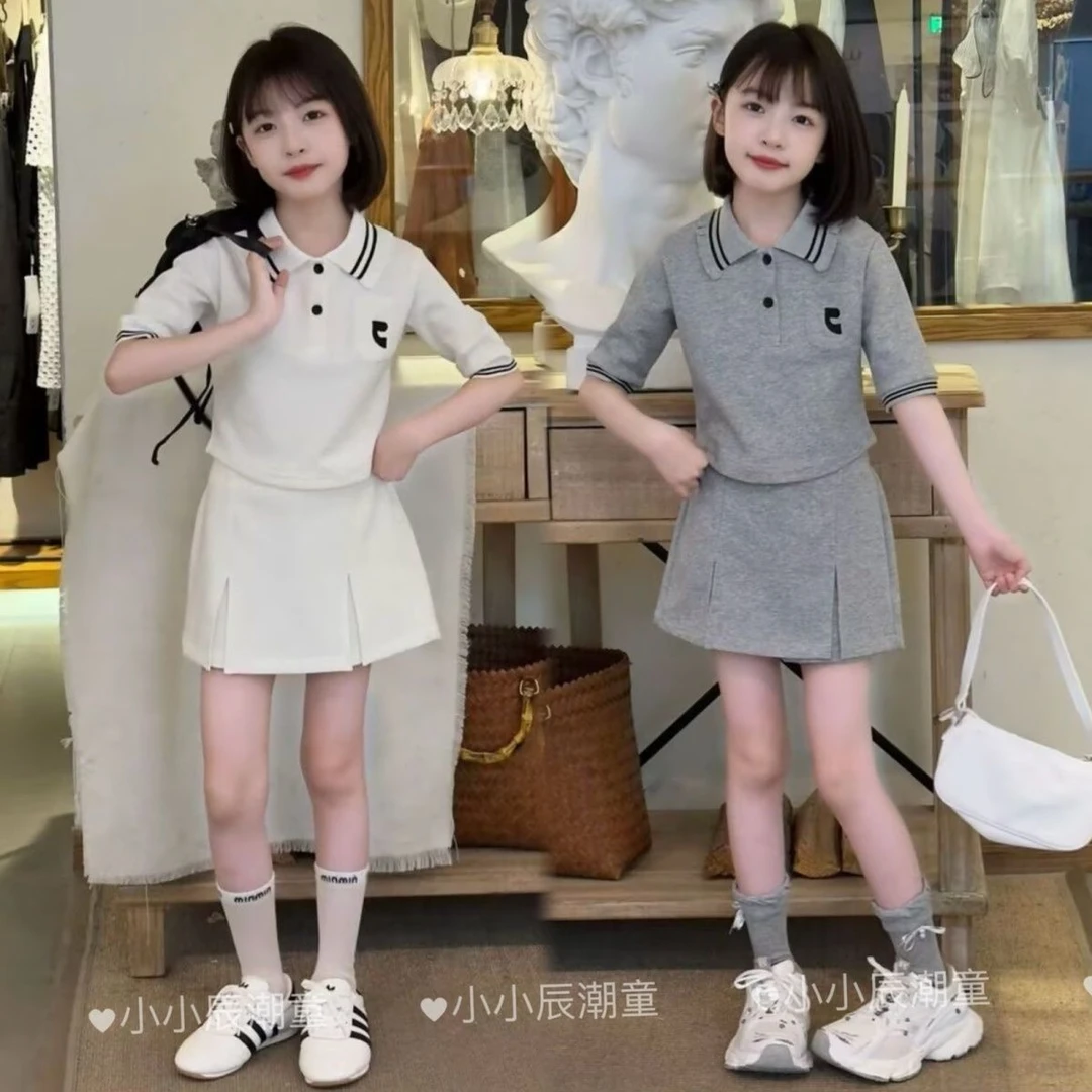 儿童休闲运动套装女童2025夏季新款中大童时尚短袖T恤裤裙两件套