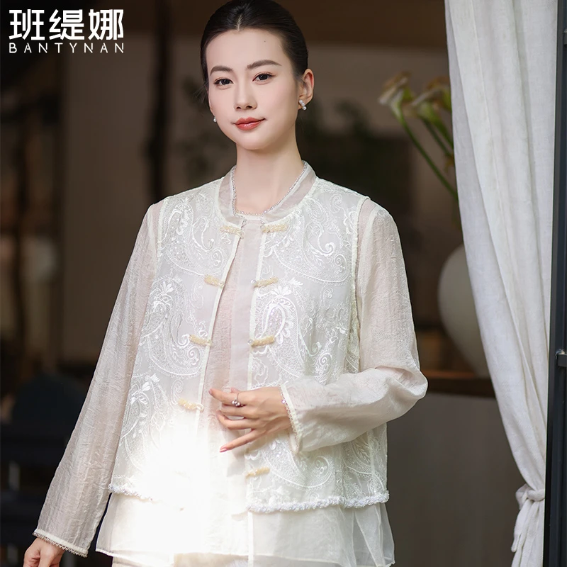 重工真丝绣花蕾丝拼接气质盘扣新中式夏季马甲国风上衣女夏时尚