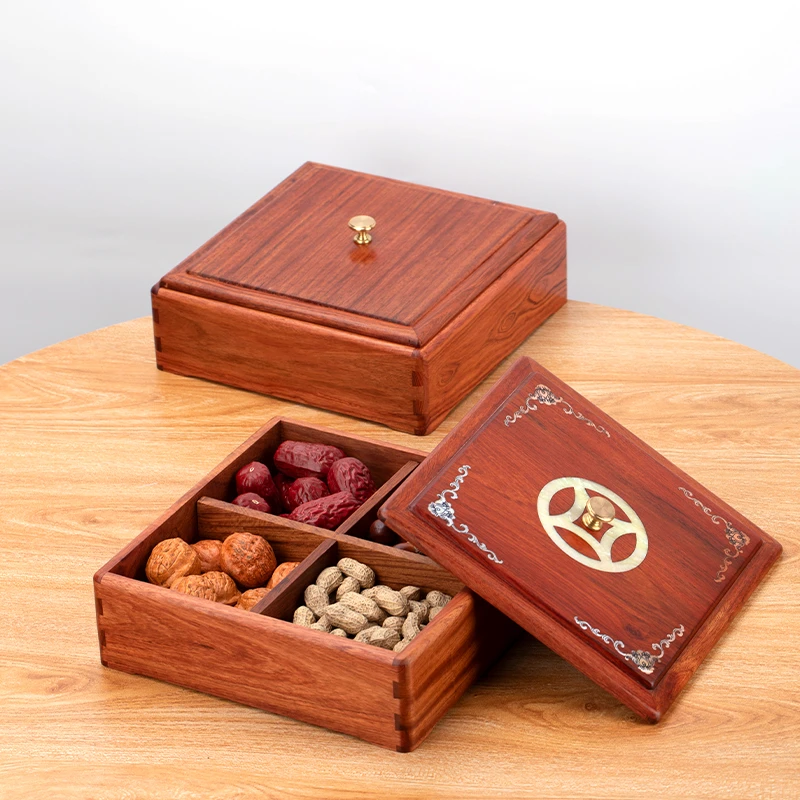 缅花螺钿铜钱四格果盒23*23*8CM