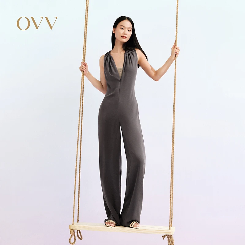 OVV春夏新款女装醋酸混纺舒适透气收腰无袖挂脖垂坠连体裤