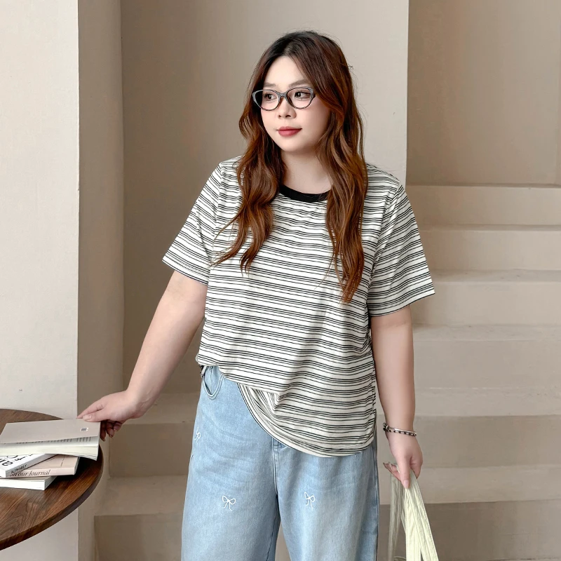 DX7423大码女装【韩系条纹T】撞色圆领短袖T恤夏季遮肚子显瘦上衣