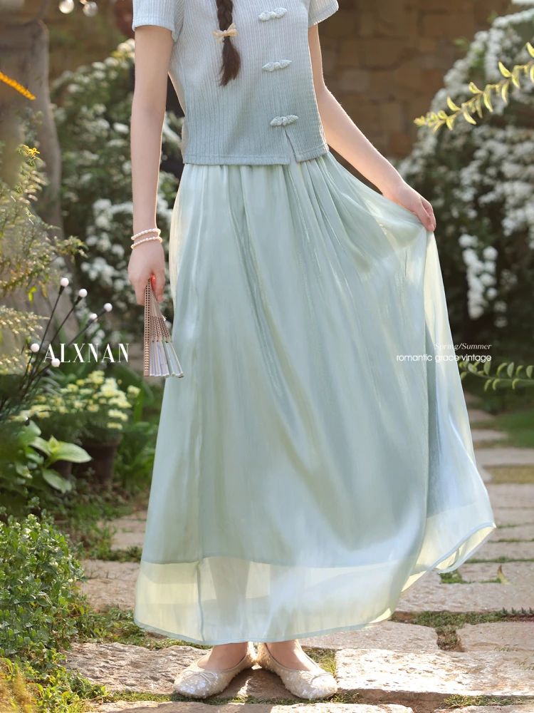 【品牌撤柜款ZB】法式气质绿色长款半身裙夏新款时尚裙子女L55526