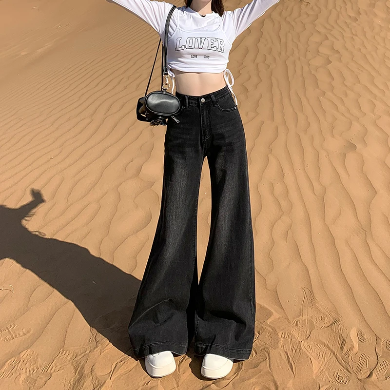 黑灰色不贴腿微喇牛仔裤女2025新款春激高腰阔腿宽松弹力拖地裤子