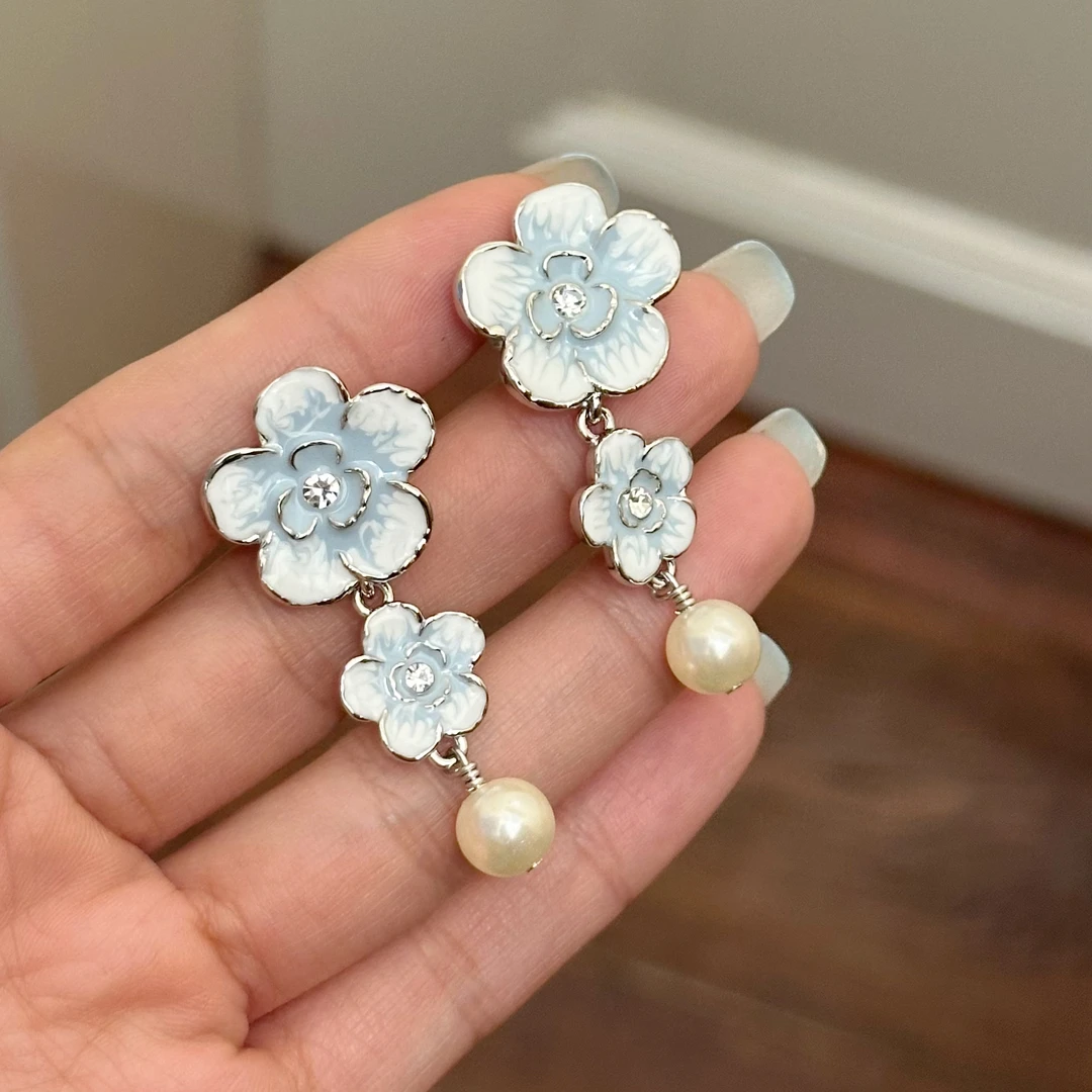 铜合金仿珍珠耳饰 百搭E0383时尚气质温柔小香风山茶花流苏耳环